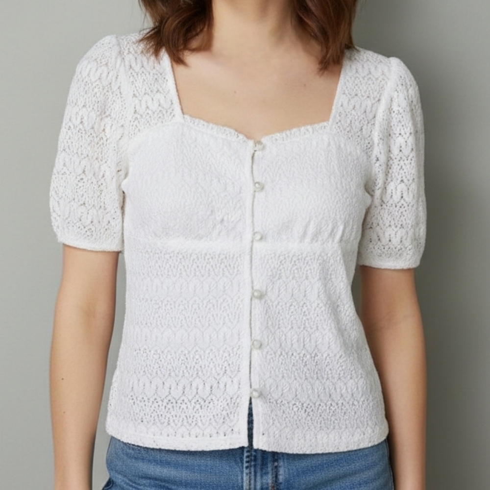 The General Good White Lace Button Front Top Short Sleeve - Size L NWOT